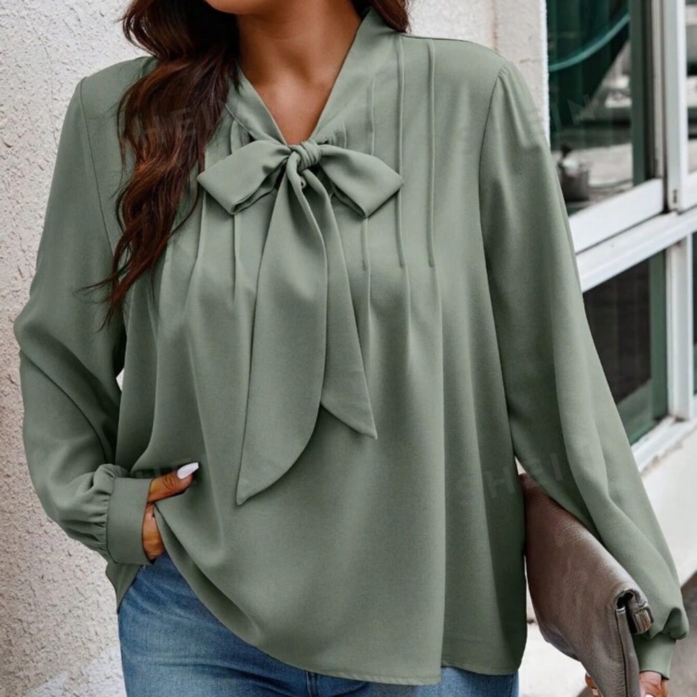 SHEIN Privé Plus Size Women's Tie Neckline Blouse Olive Green 4XL - Picture 4 of 6